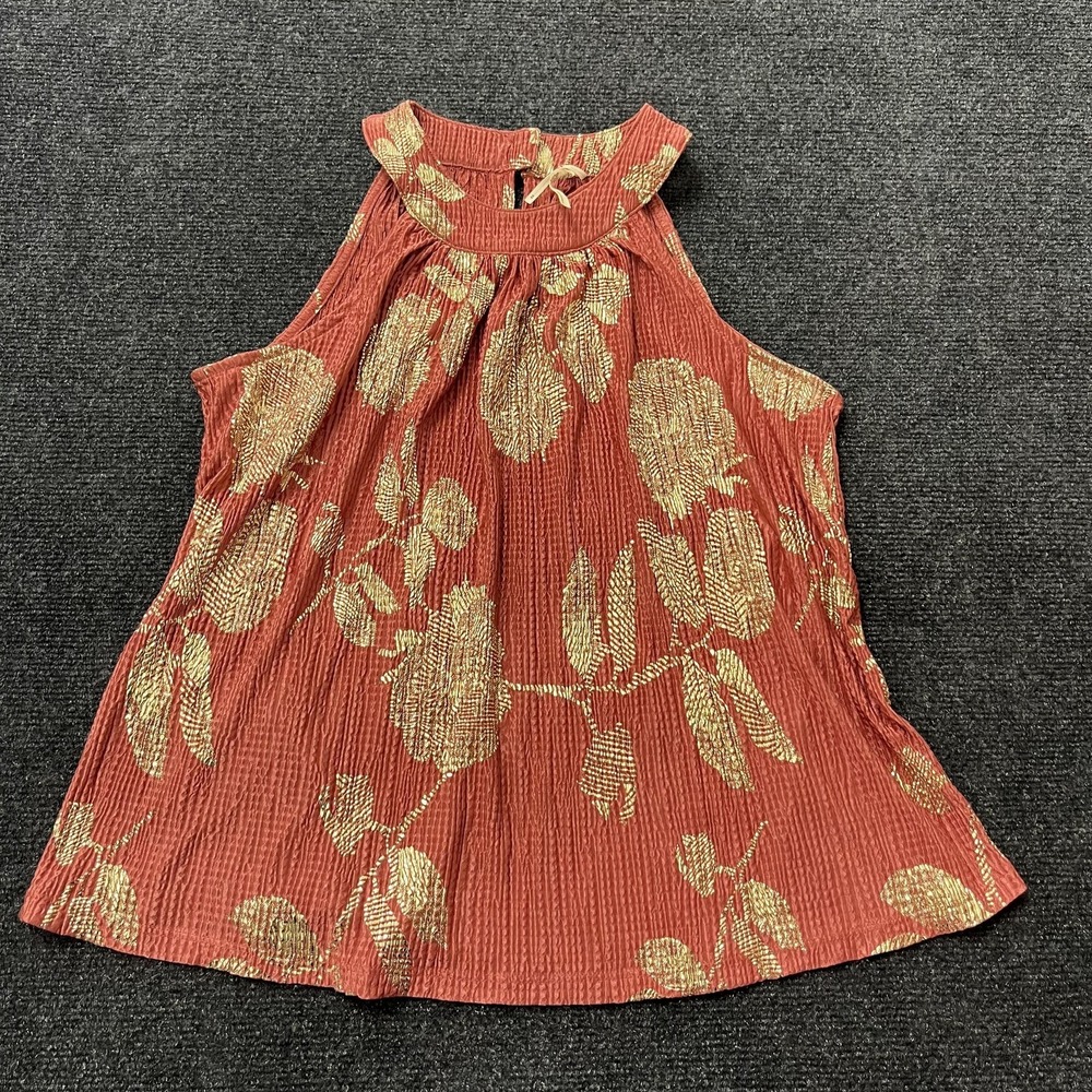 Anthropologie Feather Bone Shirt Womens XS Pink‎ Gold Metallic Floral Halter